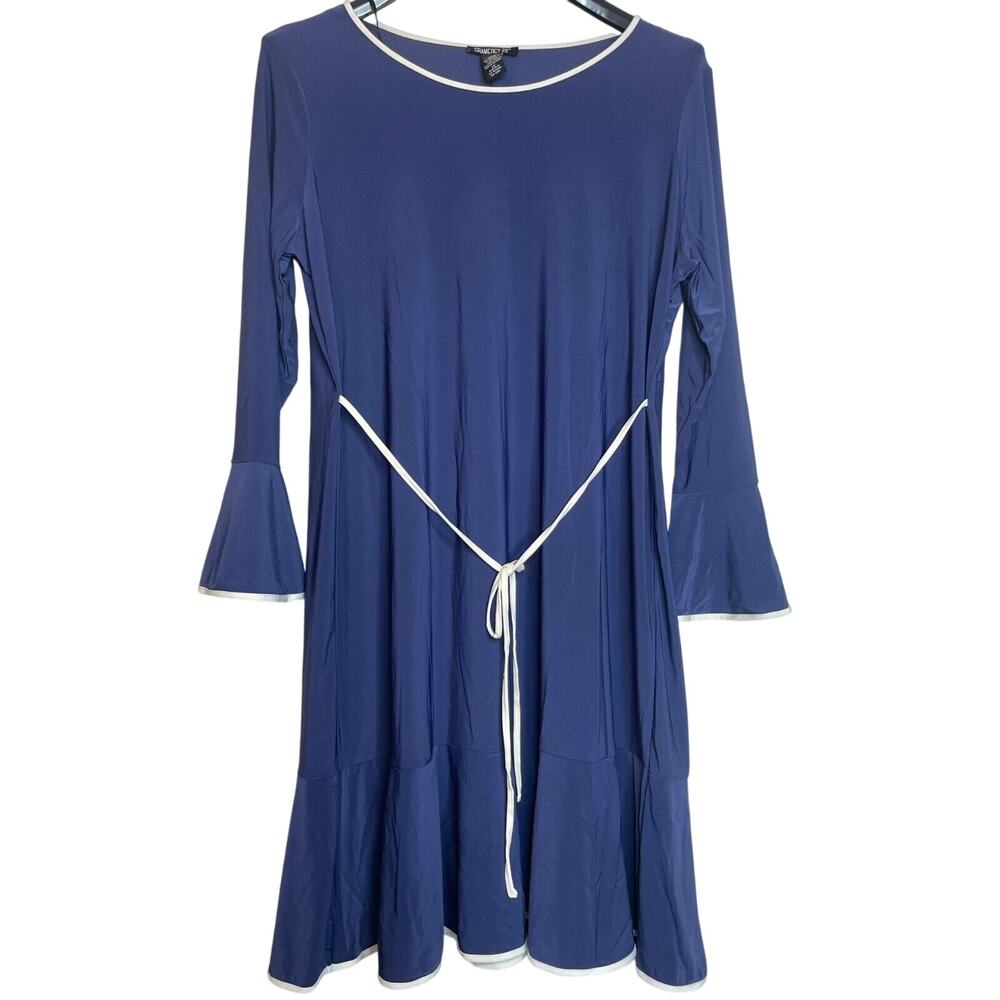 Gramercy 22 Womens Pleated Round Neck A-Line Dress Flutter Sleeve Size 1X Blue
